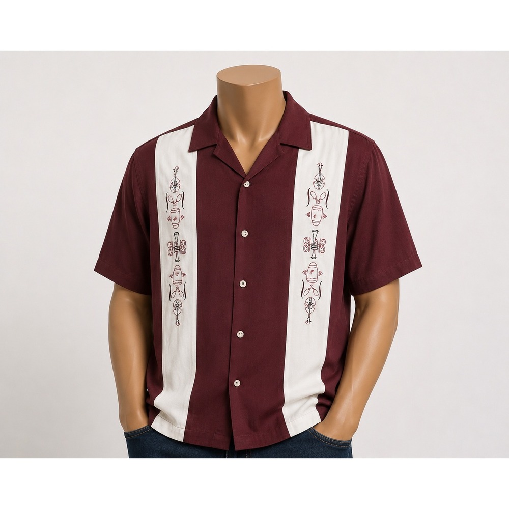 Monte Carlo Mens 2XL Burgundy Embroidered Musical Instrument Bowling Camp Shirt